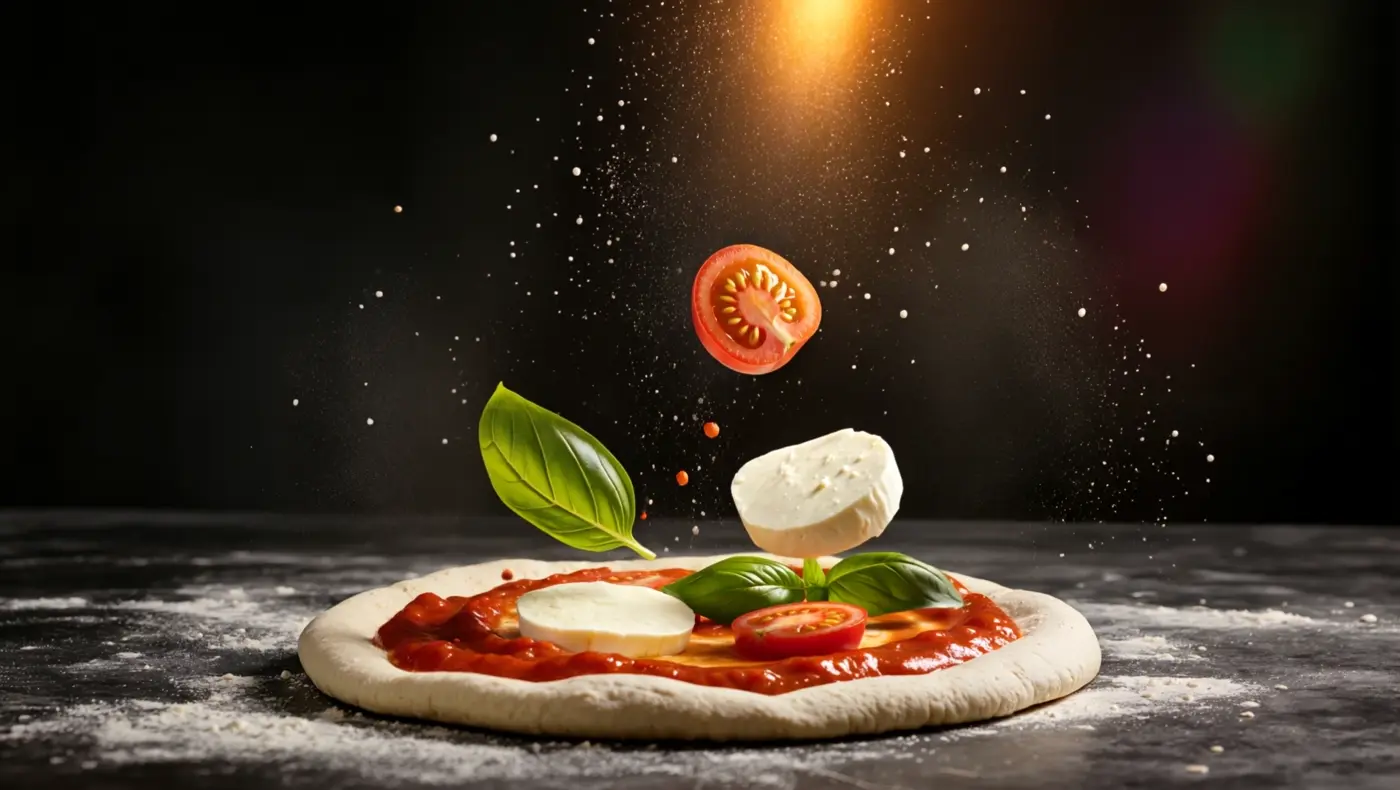 Mozzarella and basil falling onto the pizza