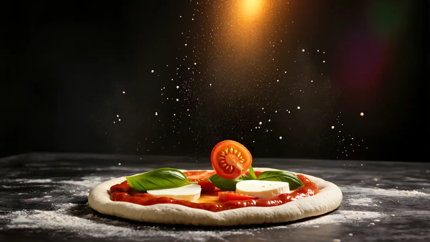 Tomatoes landing on the pizza