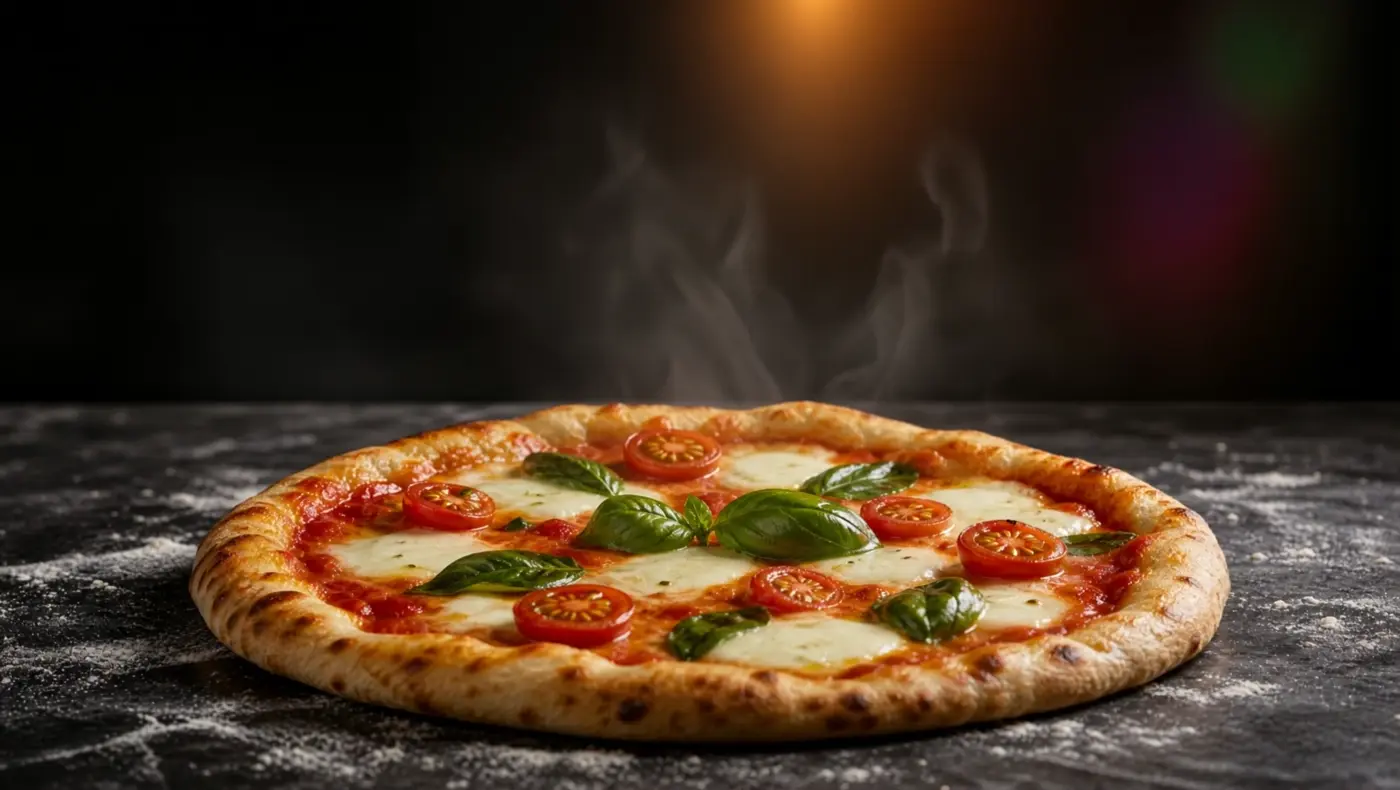 Finished wood-fired Margherita pizza